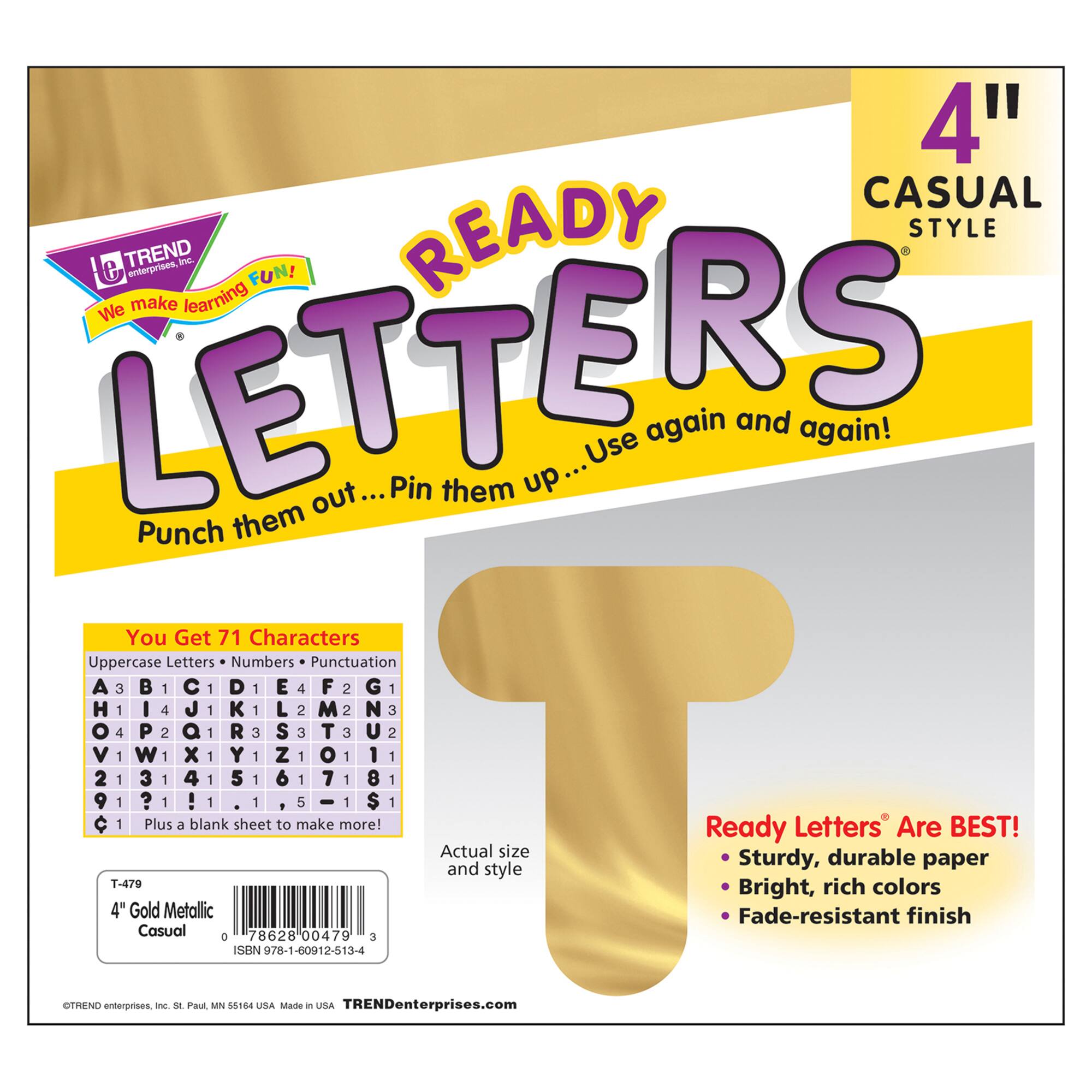 Trend Gold Metallic 4" Casual Uppercase Ready Letters®, 3 Pack